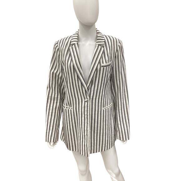 BCBGMaxAzria Blazer Women’s SZ L Stripes Cotton Linen Blend Button Closure White - Picture 1 of 5